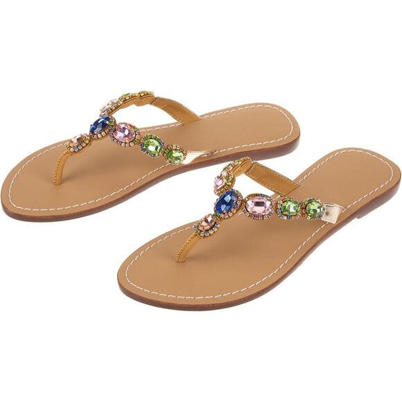 Women's Multi Rhinestone Upper Flat T Strap Thong Flip Flop Sandals Shoes - Picture 1 of 5
